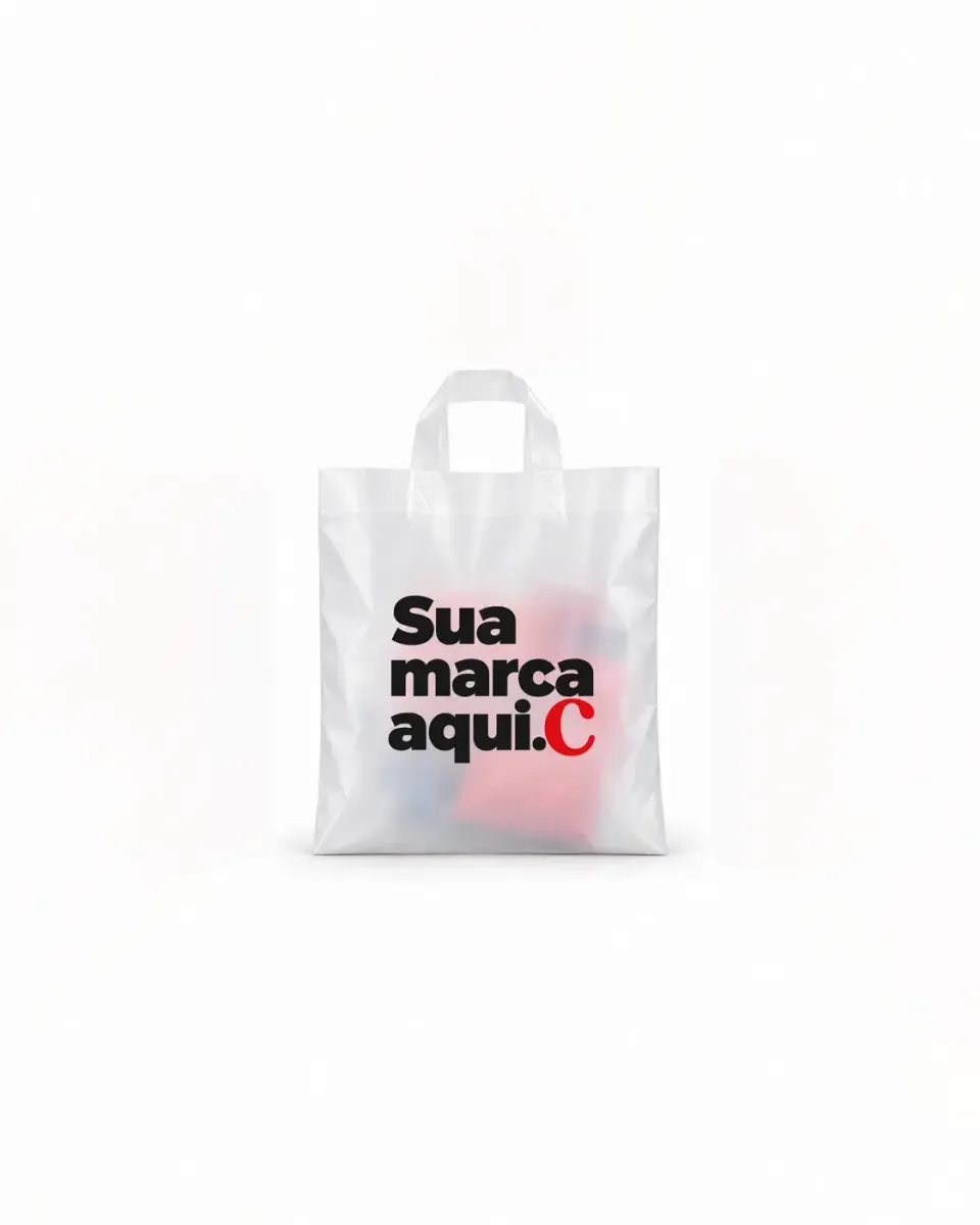 Sacola de Plástico Alça Fita · Transparente · com a sua marca
